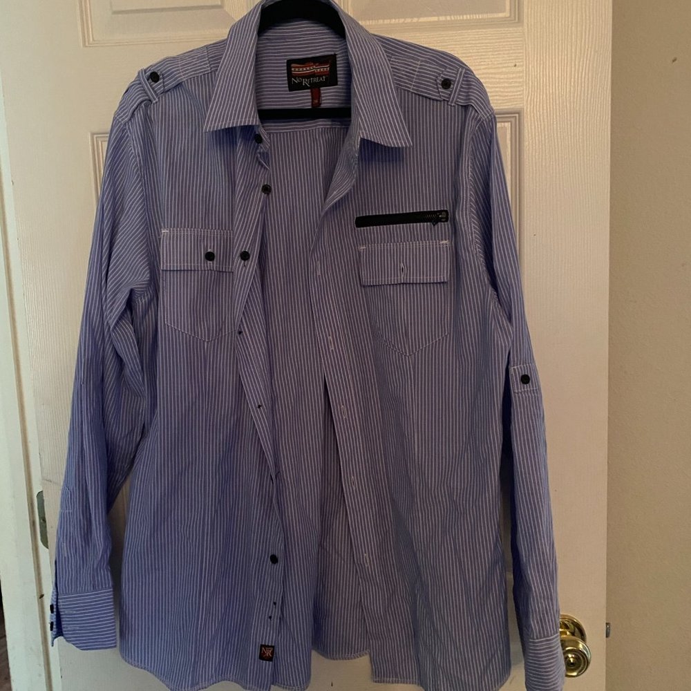 Blue and white striped trendy button up No Retreat